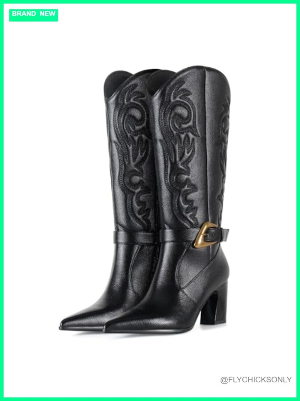 Faux Leather Western Cowboy Boots Knee High Block Heel Pointed Toe